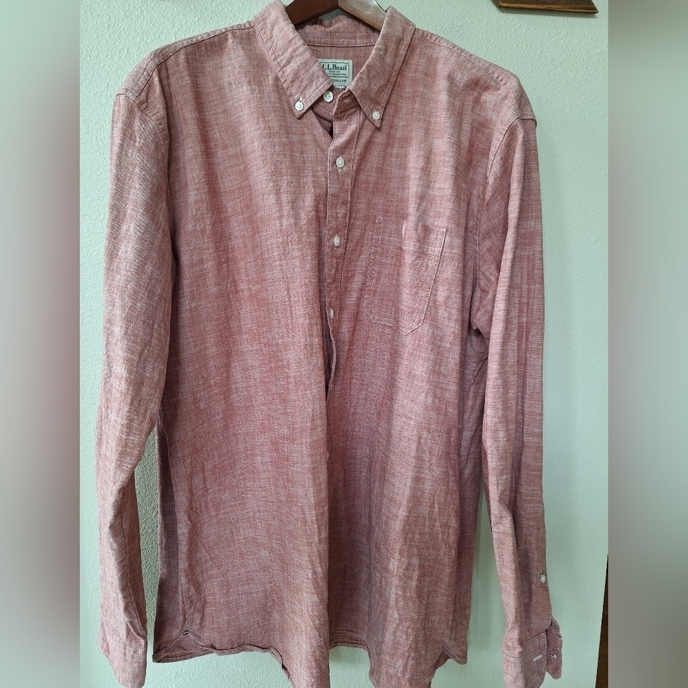 L.L Bean Mens Long Sleeve Button Down Red Washed Linen Look Shirt Size XL